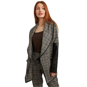 Joseph Ribcoff Checked Jacket With Vegan Leather Sleeves. Size 10.